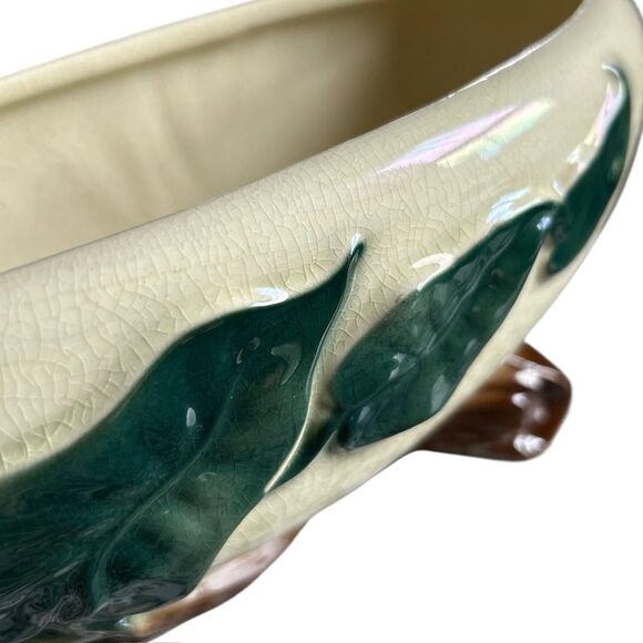 Vintage Royal Copley Footed Cream Oval Planter Vase with Green Leaves - Picture 5 of 6